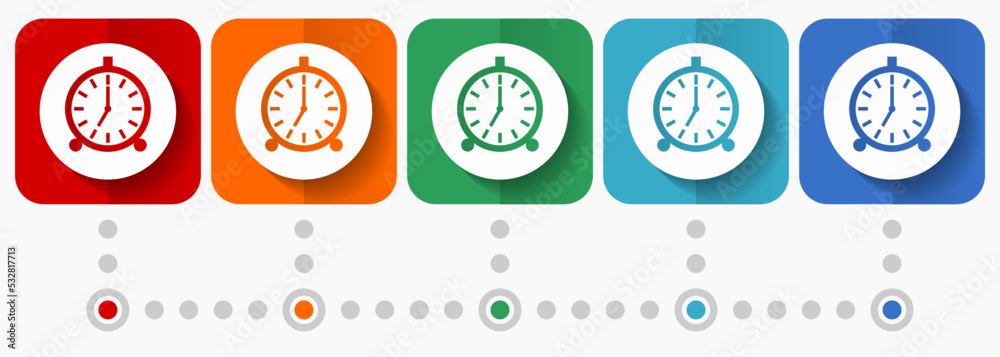 Poster alarm clock vector icons, infographic template, set of flat design watch symbols in 5 color options