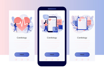 Cardiology treatment and checkup. Heart health and disease. Blood pressure, pulse rate and cholesterol. Medical concept. Screen template for mobile, smartphone app. Modern flat cartoon style. Vector 