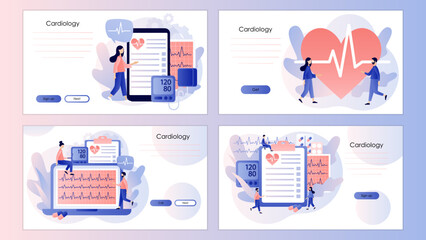 Cardiology treatment and checkup. Heart health and disease. Blood pressure, pulse rate and cholesterol. Screen template for landing page, template, ui, web, mobile app, poster, banner, flyer. Vector 