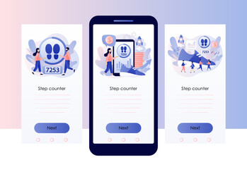 Step counter. Pedometer, fitness tracker concept. Walking to earn money mobile app. Digital sneaker. Crypto currency coin. Screen template for mobile, smartphone app. Modern flat cartoon style. Vector