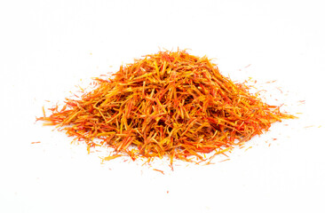 Fototapeta premium Saffron spice, pistils and stigmas of a crocus flower close-up, flat lay as a background. Indian and Arabic spices for cooking. Medicinal herbs and spices.