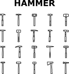 hammer tool construction icons set vector. carpentry wood, equipment work, metal repair, mallet carpenter court, hand steel hammer tool construction black contour illustrations