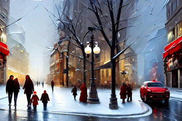 Obraz premium Christmas shopping in a snowy town during winter painted on a canvas with oil paint - illustration