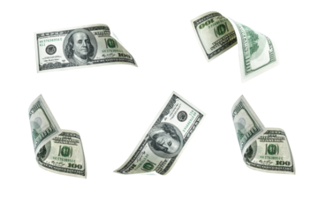 Hundred dollar bill. Falling money background. American cash.