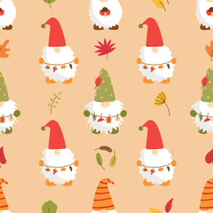 Autumn seamless pattern with scandinavian gnomes and muchrooms. Can be used for fabric, wrapping paper, scrapbooking, textile, poster, banner and other design. Cartoon style