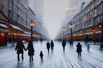 Obraz premium Christmas shopping in a snowy town during winter painted on a canvas with oil paint - illustration