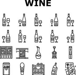 wine glass alcohol red bottle icons set vector. drink white, bar vine, winery champagne, vineyard wineglass, label grape, food wine glass alcohol red bottle black contour illustrations
