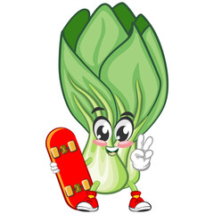 vector illustration of vintage cartoon character of lettuce Bok choy with skateboard