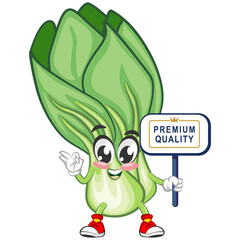 vector illustration of vintage cartoon character of lettuce Bok choy with a sign that says premium quality