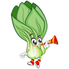 vector illustration of vintage cartoon character of lettuce Bok choy blowing party trumpet