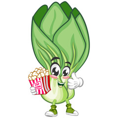 vector illustration of vintage cartoon character of bok choy lettuce with pop corn
