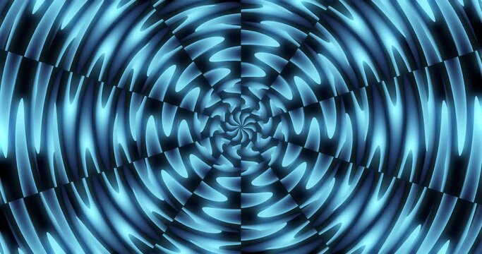 Bright, glowing, undulating beams of light in blue hues radiate in circles from the center of the frame. Animated background and club video. Endless cycle. The loop