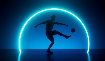 Fototapeta na wymiar Silhouette of a football player kicking a ball with an abstract futuristic neon glow. 3D Rendering
