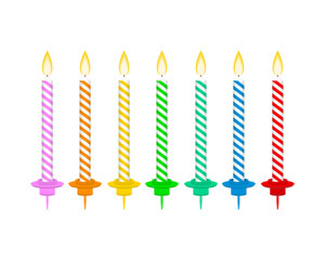 Candles with burning flames of wax paraffin. Birthday cake candles.  stock illustration.