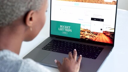 Laptop, hand and travel with a woman on the search online for an idea for a trip, holiday or vacation. Website, thinking and planning with a female looking on the internet for bucket list ideas