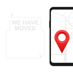 We have moved. Moving office sign. Clipart image isolated on blue background.  stock illustration.