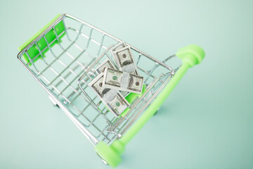 Money in trolley, the cost of products, goods, bribe, business, inflation