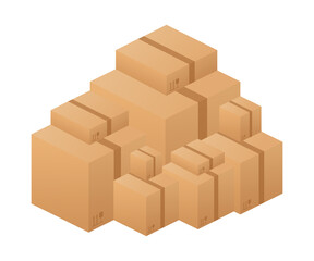 Pile of stacked sealed goods cardboard boxes.  stock illustration.