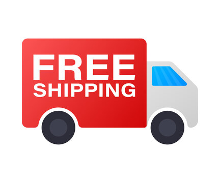 Free shipping concept. Delivery truck transporting a cardboard package.  stock illustration.