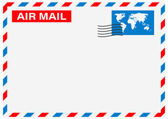 Air mail envelope with postal stamp isolated on white background.  stock illustration. - obrazy, fototapety, plakaty