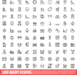 100 baby icons set. Outline illustration of 100 baby icons vector set isolated on white background