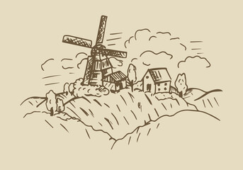 Hand drawn illustration of countryside. Mill, house and fields.