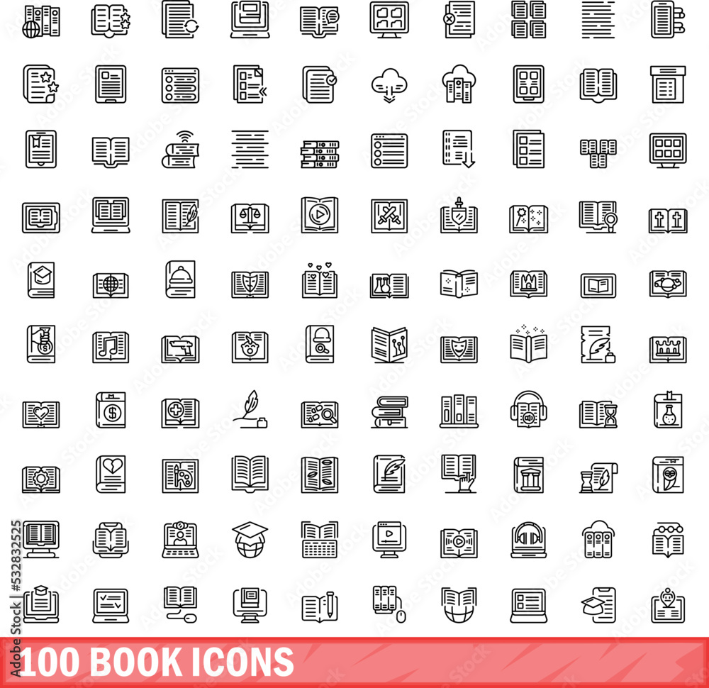 Poster 100 book icons set. Outline illustration of 100 book icons vector set isolated on white background - Posters