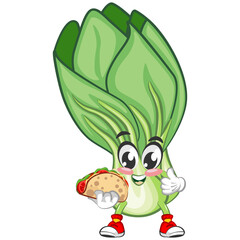 vector illustration of vintage cartoon character of lettuce Bok choy with delicious tacos
