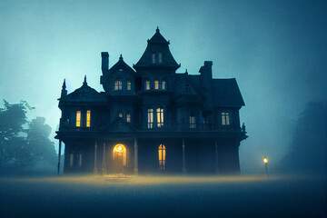 Halloween. Haunted victorian house. Digital illustration, created with generative ai