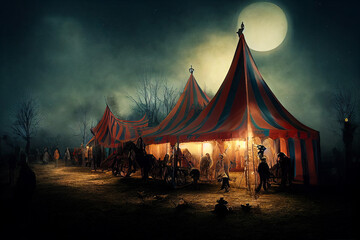 halloween haunted circus underneath a pale moon digital illustration, created with generative ai - obrazy, fototapety, plakaty