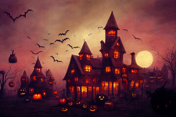 Fototapeta na wymiar halloween town digital illustration, created with generative ai