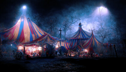 haunted circus at night digital illustration, created with generative ai - obrazy, fototapety, plakaty