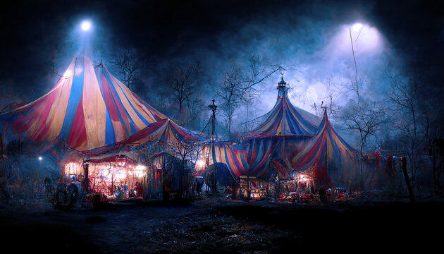 haunted circus at night digital illustration, created with generative ai