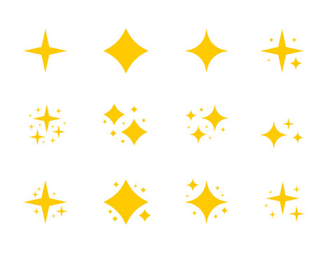 Yellow sparkles symbols . The set of original  stars sparkle icon. Bright firework, decoration twinkle, shiny flash.  illustration.