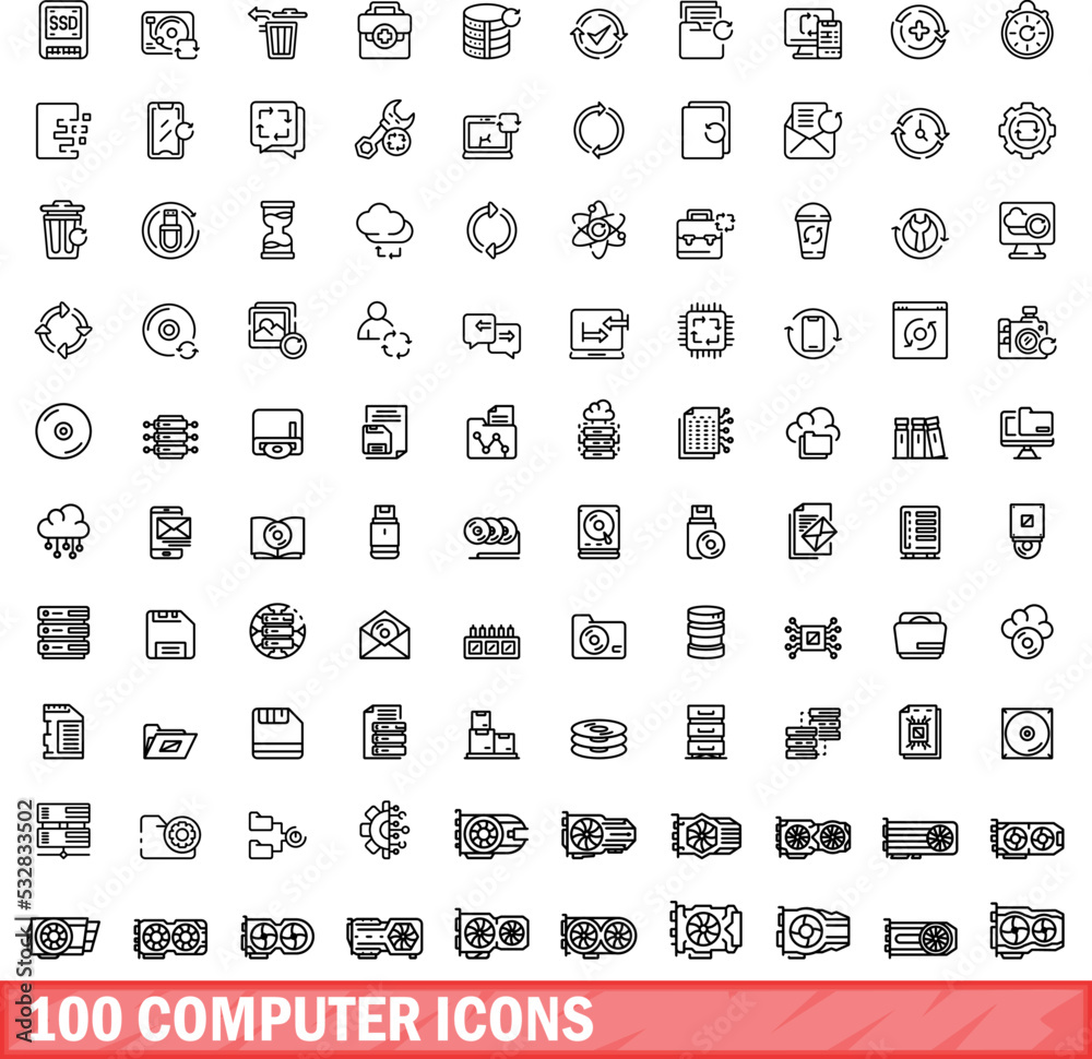 Poster 100 computer icons set. outline illustration of 100 computer icons vector set isolated on white back