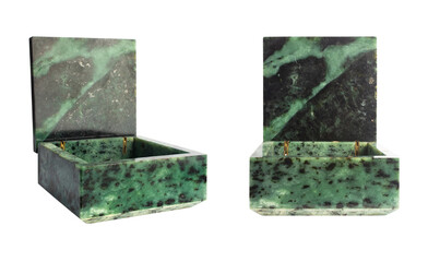 Isolated vintage open malachite jewelry box, front and angle view.