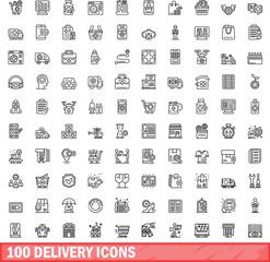 Fototapeta na wymiar 100 delivery icons set. Outline illustration of 100 delivery icons vector set isolated on white background