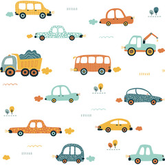 Kid’s hand drawn seamless pattern with funny cars