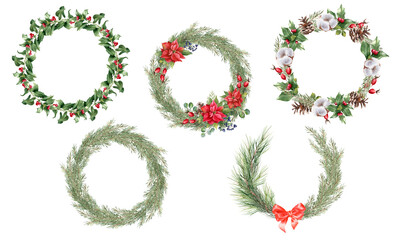 Christmas floral frame. Watercolor winter border for greeting card and invitation. Illustration isolated on white background. Hand painted botanical plant. Poinsettia, fir branches, holly jolly, coins