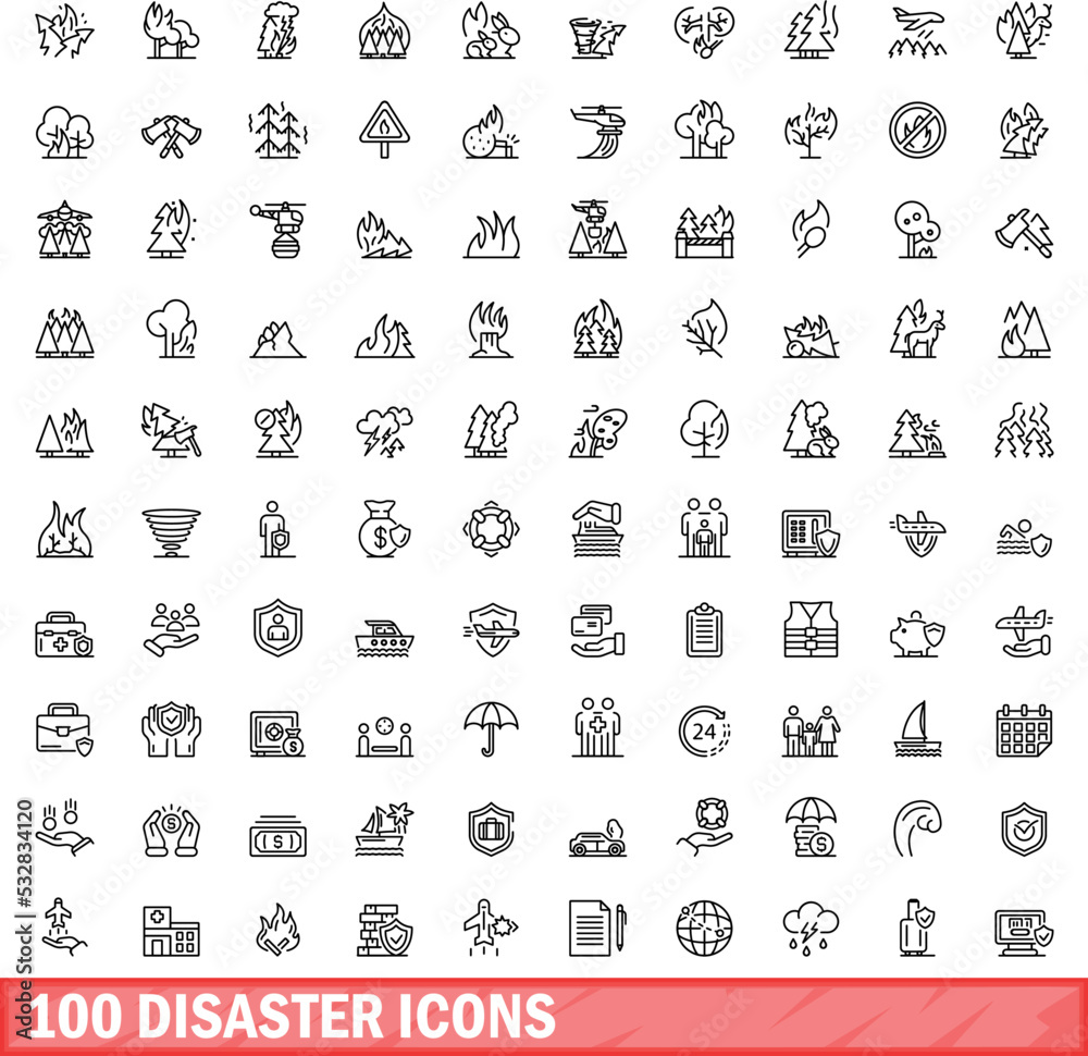 Wall mural 100 disaster icons set. Outline illustration of 100 disaster icons vector set isolated on white background - Wall murals