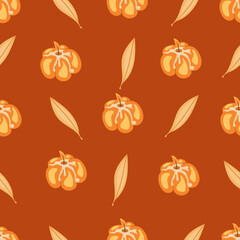 Autumn hand drawn seamless pattern with seasonal elements on brown background. Great for fabric, wallpaper, textile, packaging. Vector illustration.