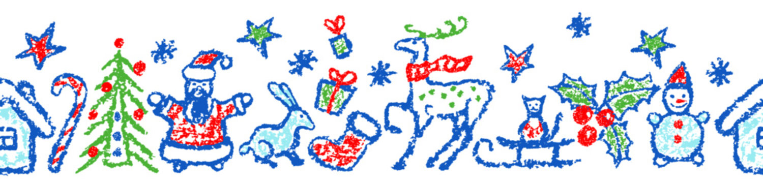 Seamless Christmas pattern or border like child hand drawing cartoon. Snowman, tree, deer, gift box, snow, santa, hut. Crayon, pastel chalk, pencil kid painting flat funny doodle simple vector stroke
