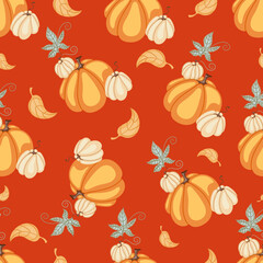 Autumn seamless pattern with cozy pumpkins and seasonal elements on a red background.Hand drawn autumn pumpkins. Texture for scrapbooking, wrapping paper, invitations.