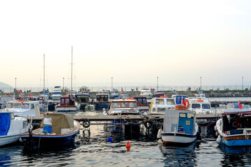 boats in the harbor at sunset