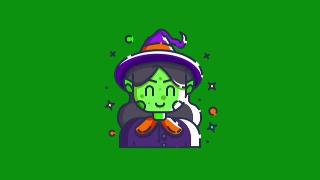Witch animation on a green screen. Cartoon Witch animation with key color. Halloween objects. Chroma key, Color key background.