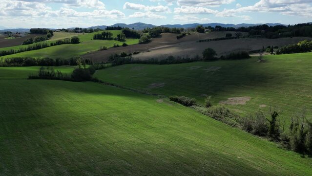 Verdi colline con cielo nuvoloso, con una piccola strada che li costeggia