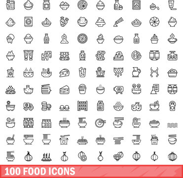 100 food icons set. Outline illustration of 100 food icons vector set isolated on white background