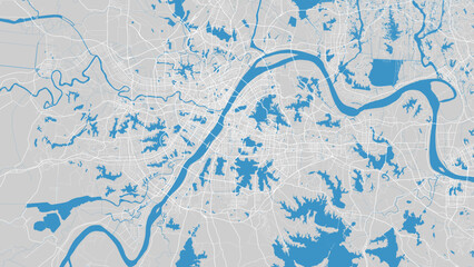 Yangtze river map, Wuhan city, China. Watercourse, water flow, blue on grey background road street map. Detailed vector illustration.