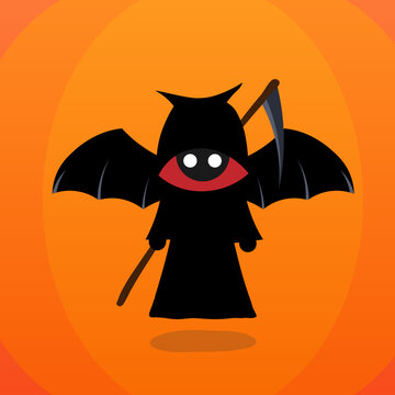 Cute cartoon mascot design grim reaper with scythe. Halloween illustration