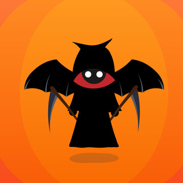 A cute cartoon mascot in the shape of a sickle.The grim reaper held a sickle in both hands. Illustration for Halloween